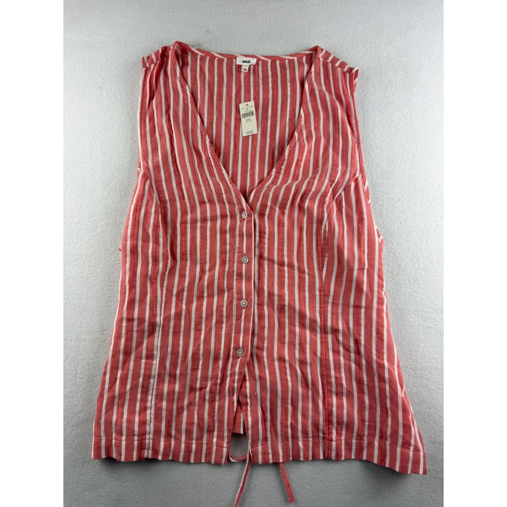 Aerie Womens XXL Coral White Striped Button Front Back Tie Cotton Vest NWT